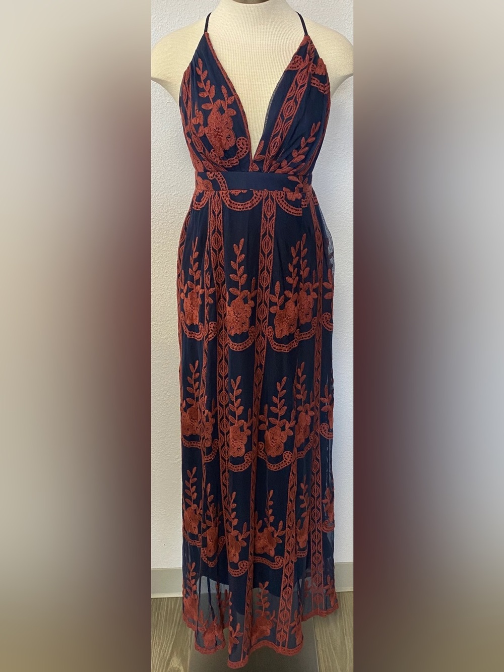 Baevely - Embroidered Navy Maxi Dress with Rust Floral Detail